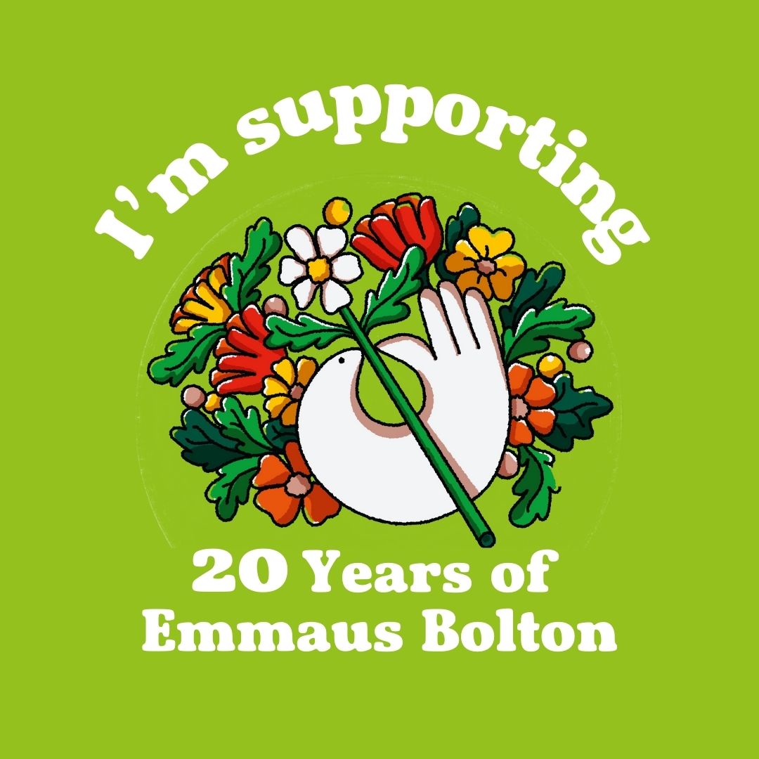 20th anniversary supporters social media badge showing this text surrounding the Emmaus Bolton dove holding a flower and red, yellow and green flowers
