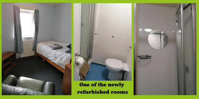 Images of the renovated accommodation, including the bedroom and bathroom