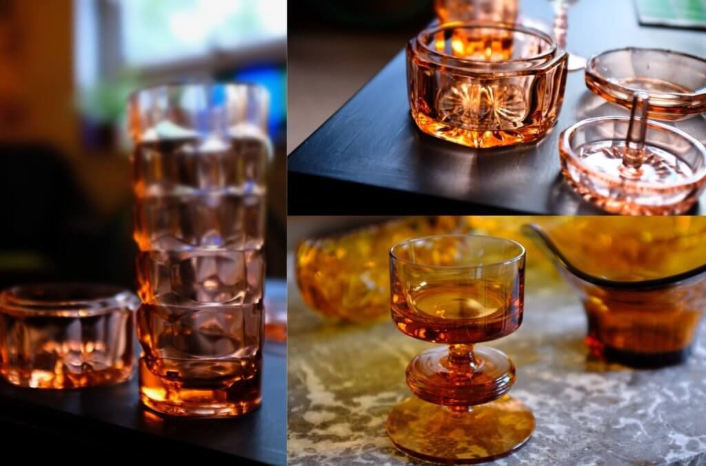 Collection of unique amber glassware from Emmaus Leeds