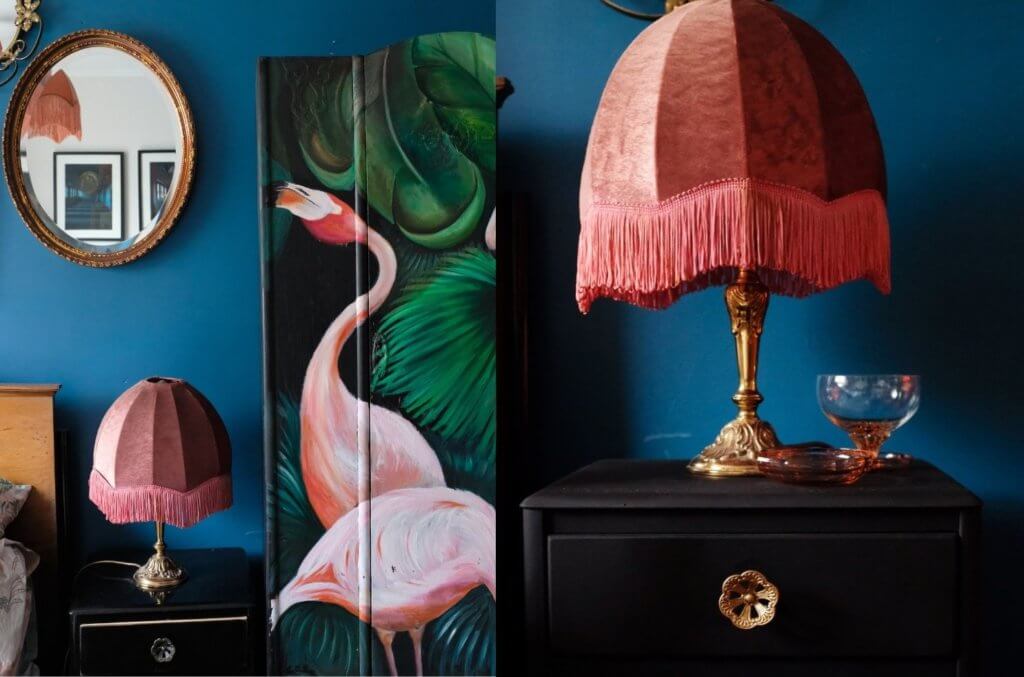 Upcycled wardrobe with painted pink flamingo and retro pink vase with gold details