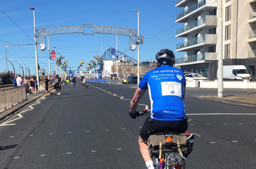 Darren cycling into the finish in Blackpool